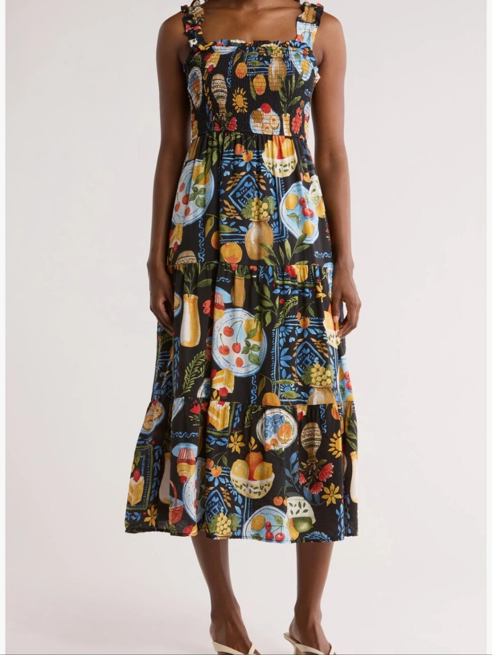 Blu Pepper Black Fruit-Print Tiered Midi Dress...Size Large - Picture 3 of 10